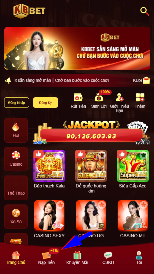 Click vào phần nạp tiền trong website